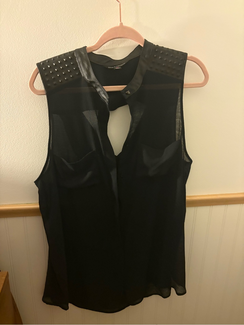 Rock & Republic 0X Black Sheer Studded Shoulder Y2K Blouse
